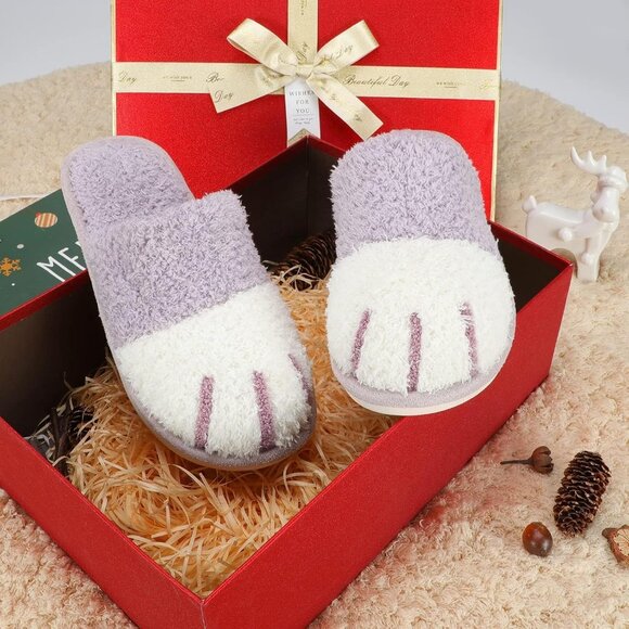 Women's Purple White Memory Foam Winter Warm Cozy Fuzzy Bedroom Slippers Shoes - Picture 6 of 6